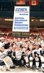 Notre Dame begins its CCHA tournament title defense on Friday, March 21 at 4:30 p.m. against the Miami RedHawks.