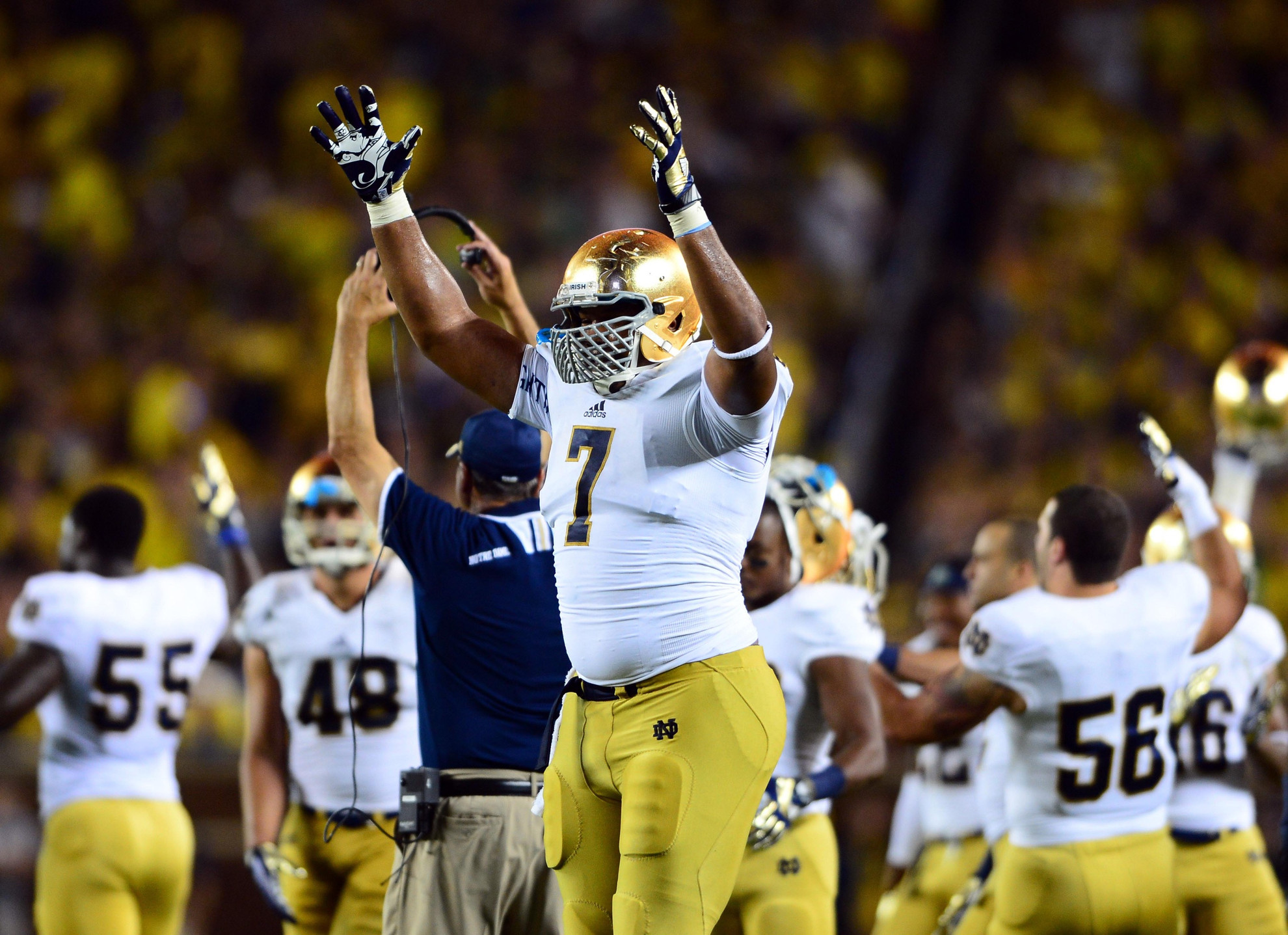 #14 Irish Fall at #17 Michigan, 41-30 Stephon Tuitt celebrates after intercepting a pass for a touchdown in the fourth quarter.