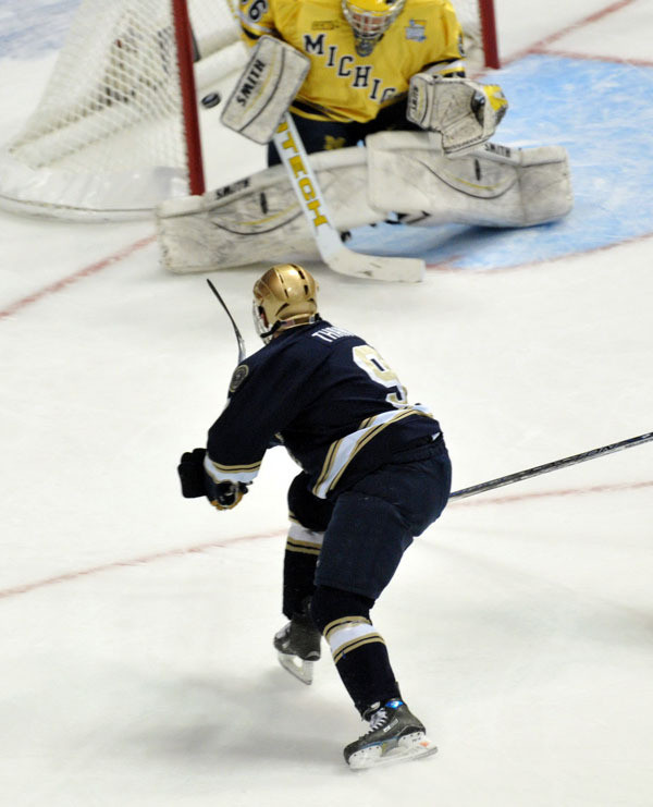 Irish Advance To NCAA Title Game After 5-4 OT Win Over Michigan Sophomore Ryan Thang's shorthanded goal gave the Irish a 3-0 lead late in the first period of their NCAA Frozen Four semifinal vs. Michigan.