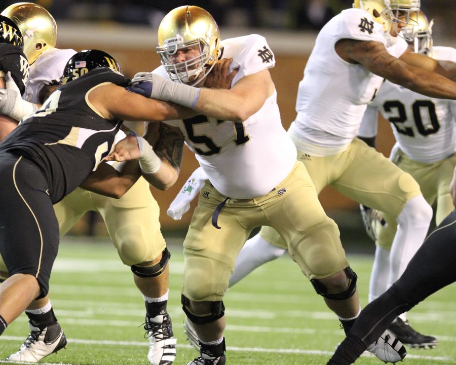 Mike Golic Jr. - one of the seniors who will play his final home game on Saturday - blocks against Wake Forest in 2011.