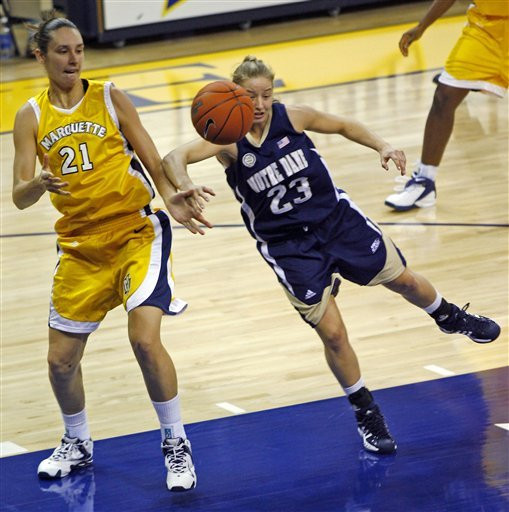 No. 17 Marquette Slips By Irish, 71-62 Notre Dame's Melissa Lechlitner fights for a loose ball against Marquette. (AP Photo)