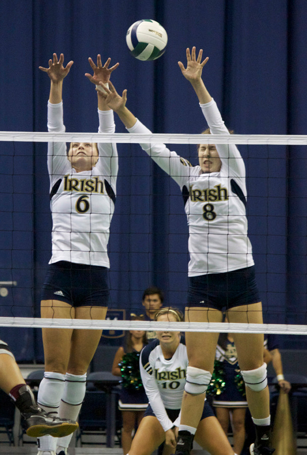 Irish Sweep Colonels, 3-0; Wins Shamrock Invite Crown Maggie Brindock (left) was named to the all-tournament team after recording a double-double in a win 3-0 win over Eastern Kentucky.