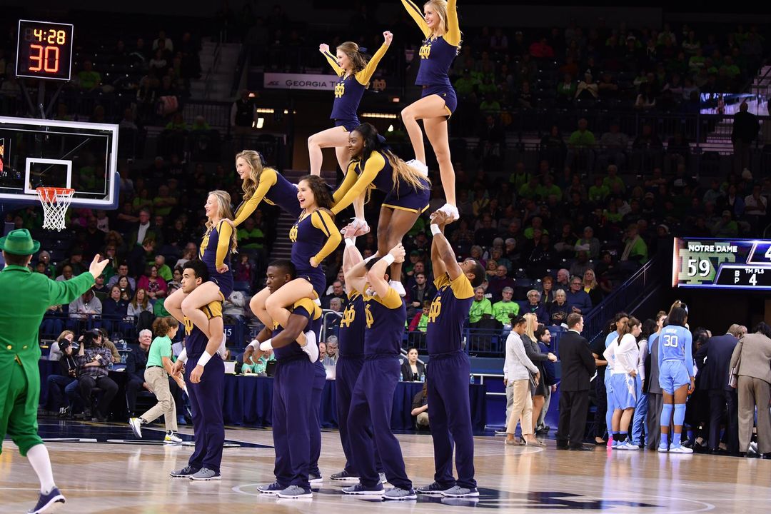 Notre Dame Cheerleaders performing for the crowd during a media timeout