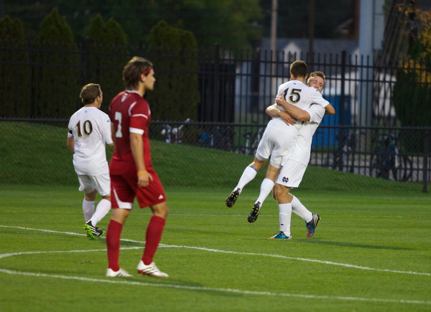 #2 Notre Dame Tops Indiana, 2-0, To Remain Undefeated Junior forward Vince Cicciarelli celebrates his 21st-minute goal with Evan Panken (15).