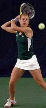 Senior Kristina Stastny is now 6-0 in her career as the last match on court with the doubles point still undetermined. (photo by Mike Bennett and Lighthouse Imaging)