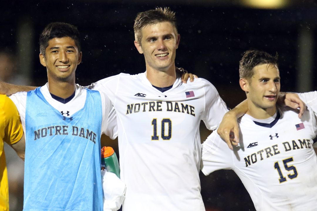 Notre Dame center back Brandon Aubrey (10) earned ACC Offensive Player of the Week honors for the first time after his hat trick against No. 15 Virginia Tech last weekend