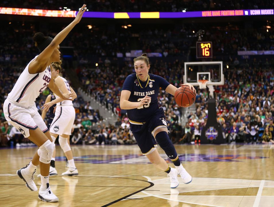 Mar 30, 2018; Columbus, OH, USA; Notre Dame Fighting Irish forward Jessica Shepard (23) drives to the basket against Connecticut Huskies forward Azura Stevens (23) in the semifinals of the women's Final Four in the 2018 NCAA Tournament at Nationwide Arena. Mandatory Credit: Aaron Doster-USA TODAY Sports