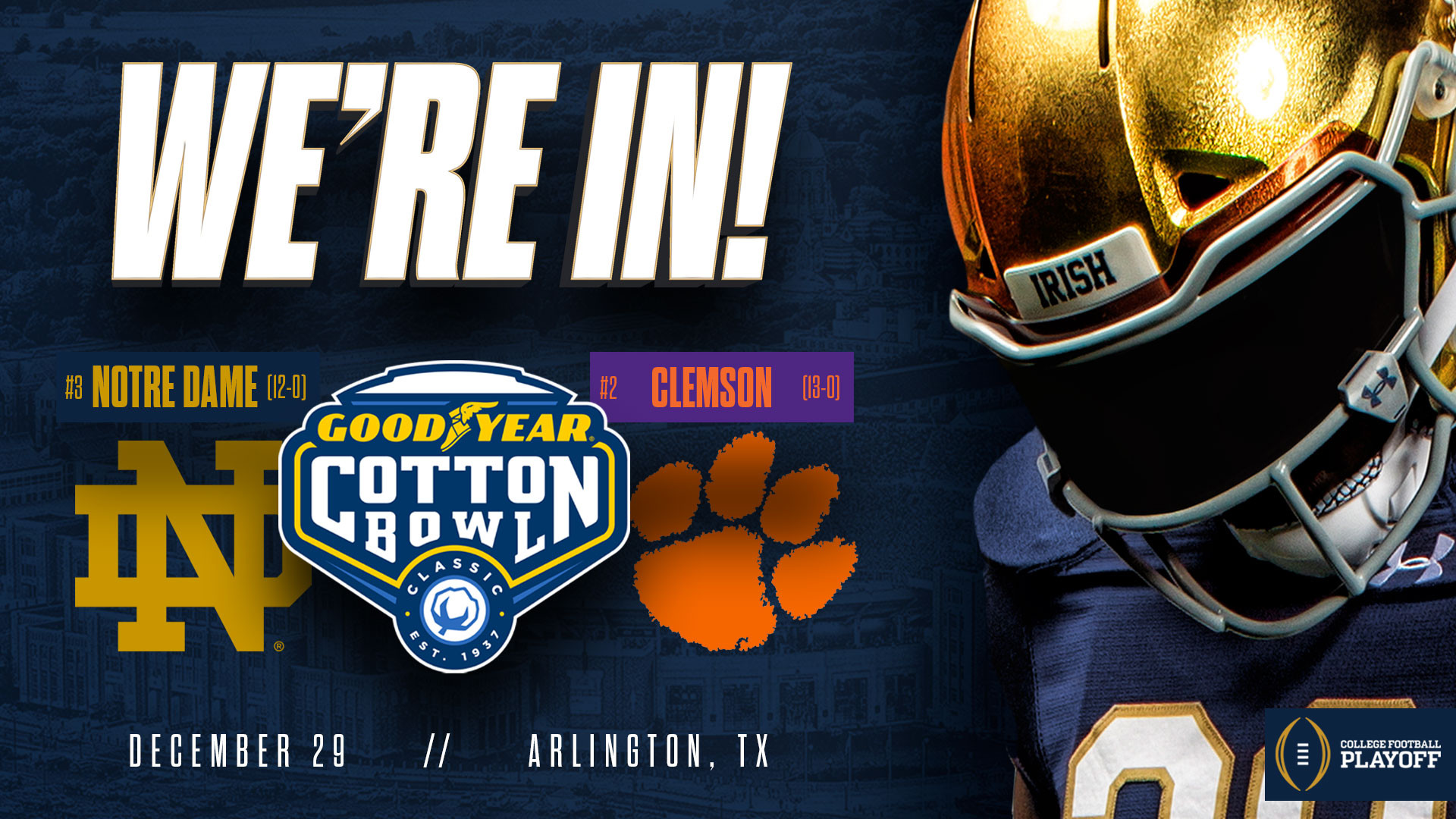 Notre Dame To Face Clemson In CFP Semifinal At Goodyear Cotton Bowl cfp cotton bowl
