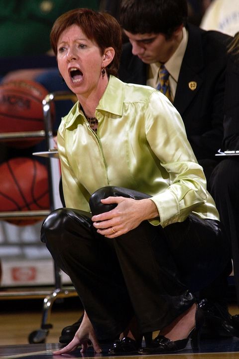 Notre Dame coach Muffet McGraw shouts instructions to her team during the first half. (AP Photo/Joe Raymond)