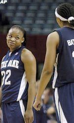 Notre Dame's Breona Gray, left, and Jacqueline Batteast talk during the waning moments of Notre Dame's 60-56 win over USC. (AP Photo/Chris Pizzello)