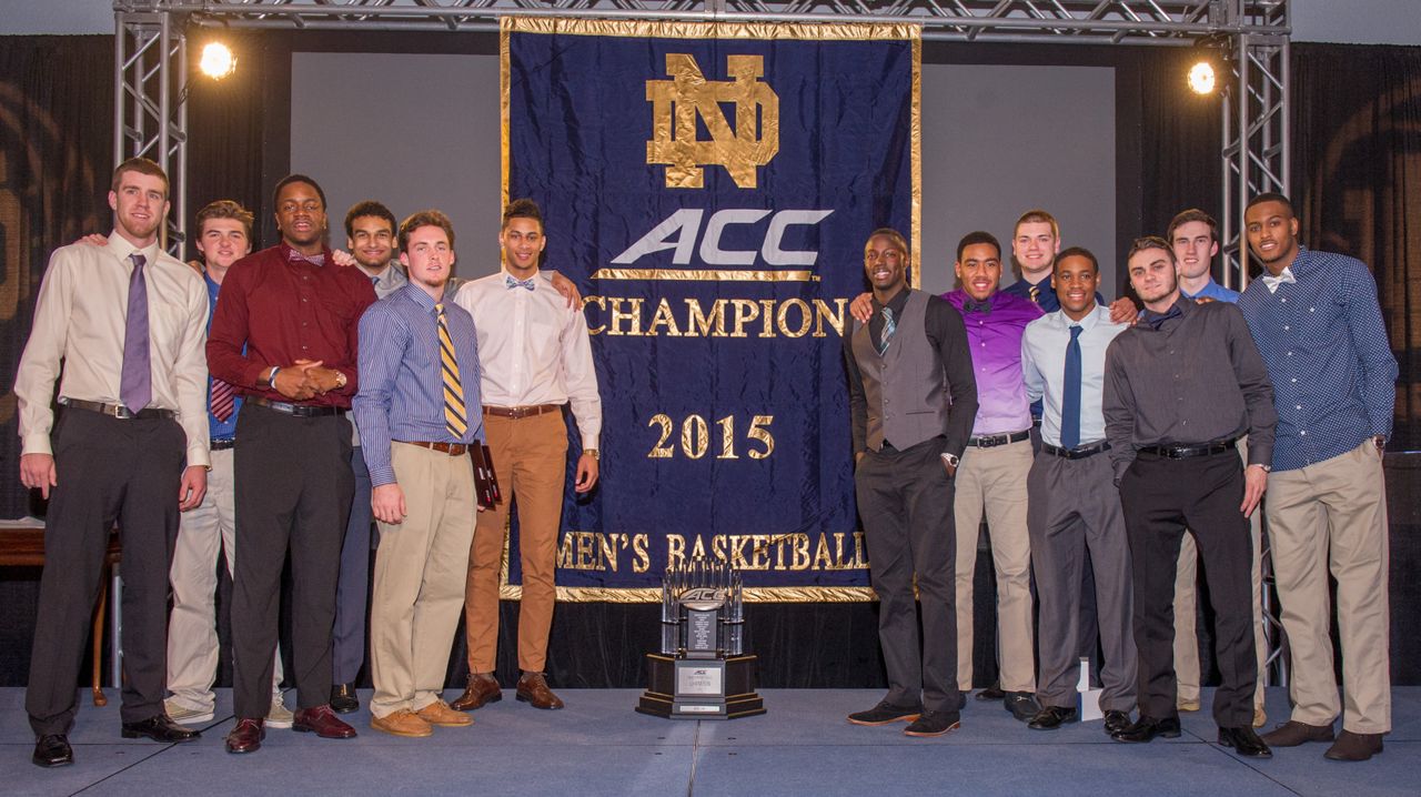 Notre Dame surprised the team by unveiling the 2015 ACC Championship banner at the 2015 Evening With Notre Dame Basketball ceremonies.