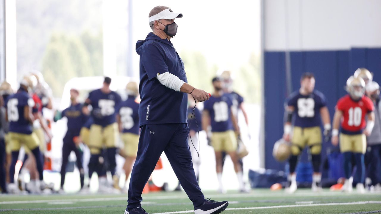 Brian Kelly at Notre Dame's first practice of spring 2021