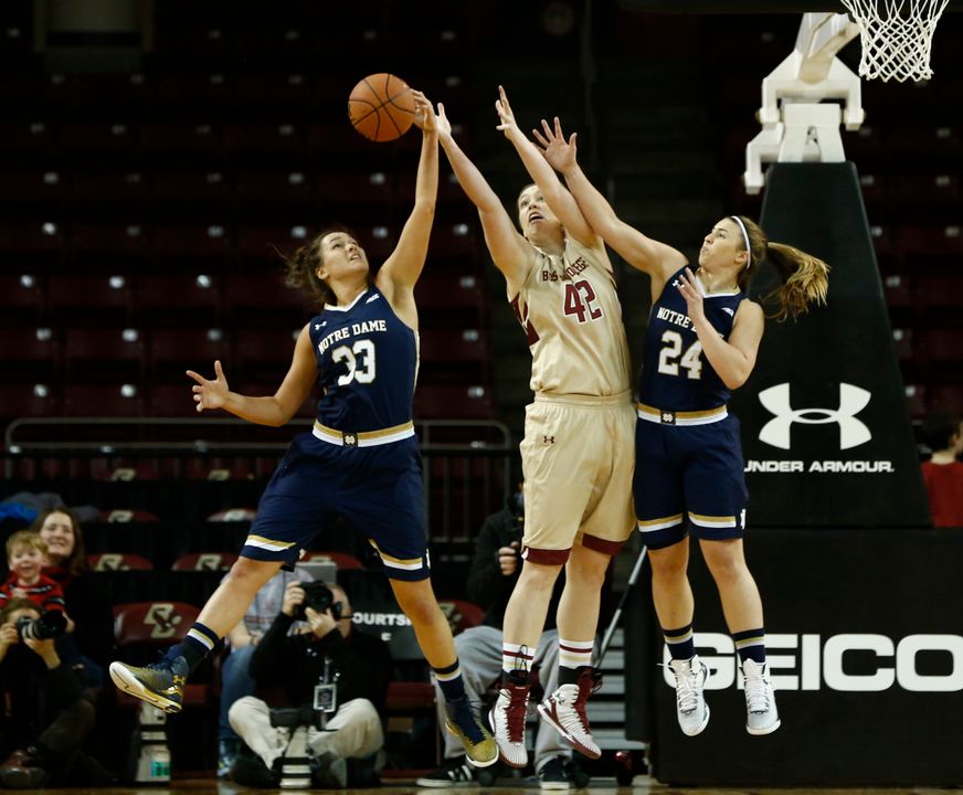 Freshman forward Kathryn Westbeld (33) and junior guard Hannah Huffman (24) were part of a Notre Dame reserve unit that outscored its Boston College counterpart, 31-7 on Sunday afternoon.