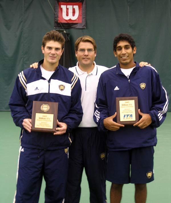 Junior Stephen Bass (left) and sophomore Sheeva Parbhu (right) - shown here with assistant coach Todd Doebler - are both headed for the second grand slam of the season, the ITA National Intercollegiate Indoor Championships.
