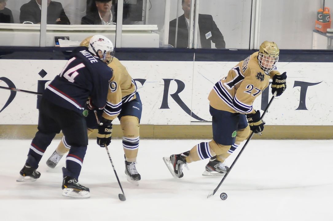 Sophomore right wing Austin Wuthrich scored the game-winning goal just 29 seconds into the third period as the Irish defeated Michigan, 3-1, in the CCHA Championship game.