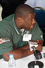 Brandon Hoyte answers questions from the media day during Notre Dame's spring football media day on March 22, 2005.