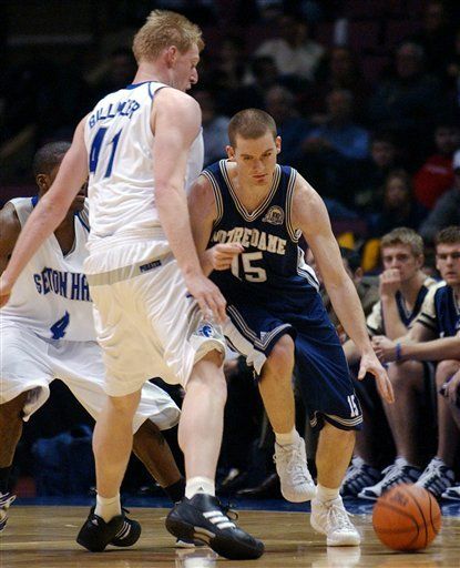 Colin Falls, shown here in action against Seton Hall, led the Irish with 19 points against the Pirates and drilled the game-winning three point shot with 3.8 seconds remaining.