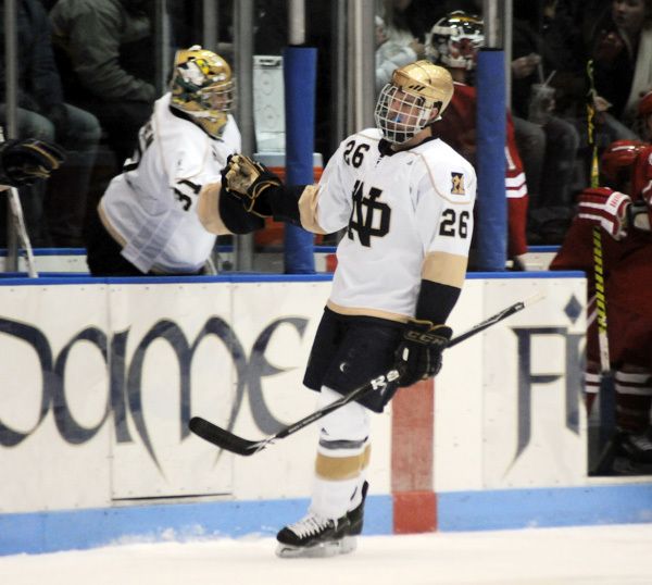 Sophomore left wing Nick Larson has career highs in goals (7), assists (6) and points (13) this season for the Irish.