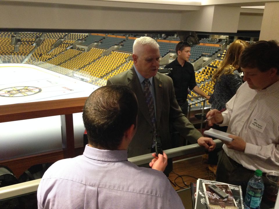 Notre Dame head coach Jeff Jackson talks to the media at Hockey East Media Day.
