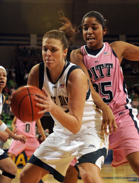 Freshman forward Becca Bruszewski grabs a rebound during Notre Dame's 81-66 'WBCA Pink Zone' victory over Pittsburgh on Feb. 10, 2008, at the Joyce Center.