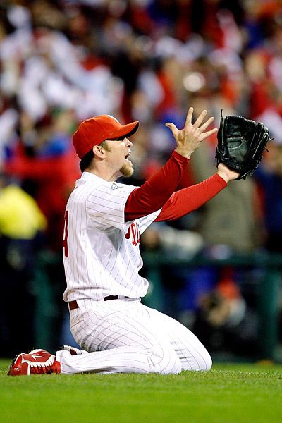 Phillies closer Brad Lidge celebrates after defeating the Tampa Bay Rays 4-3 in Game 5 of the World Series. <i>Rich Kane/US Presswire</i>