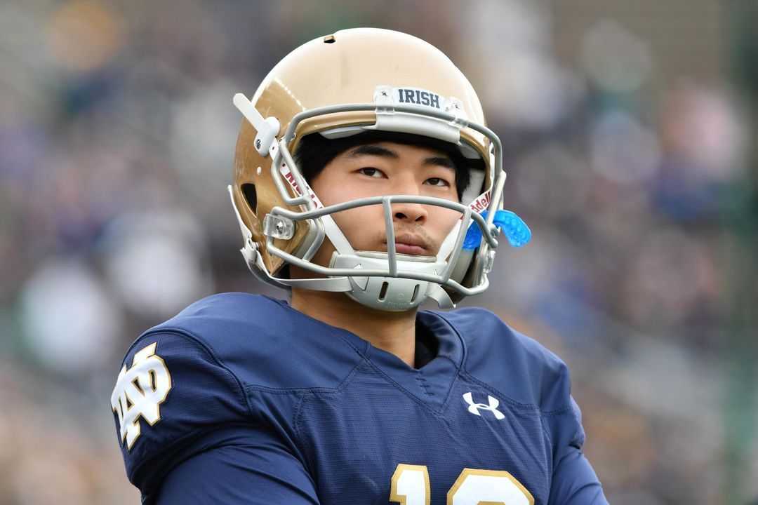 Apr 21, 2018; Notre Dame, IN, USA; Notre Dame Fighting Irish kicker Justin Yoon (19) watches in the first quarter of the Blue-Gold Game at Notre Dame Stadium. Mandatory Credit: Matt Cashore-USA TODAY Sports