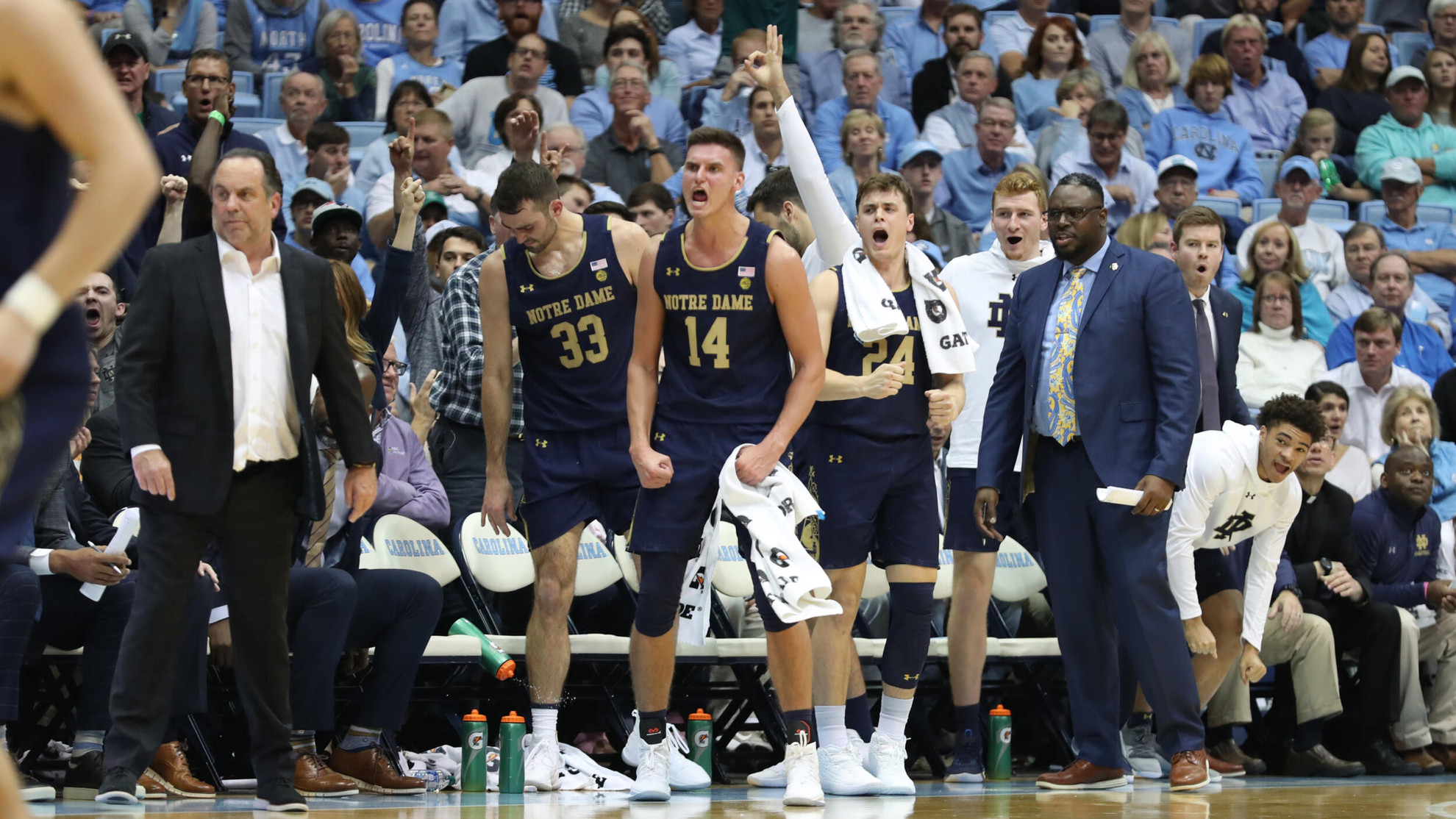 Irish Begin 2019-20 Home Campaign Against Robert Morris Notre Dame bench at UNC
