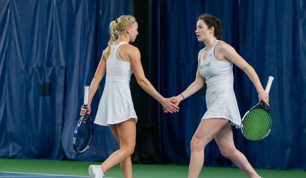 Bess Waldram and Cameron Corse during the ACC match between University of Notre Dame vs. University of Louisville at Eck Center on March 8, 2019 in South Bend, Indiana.