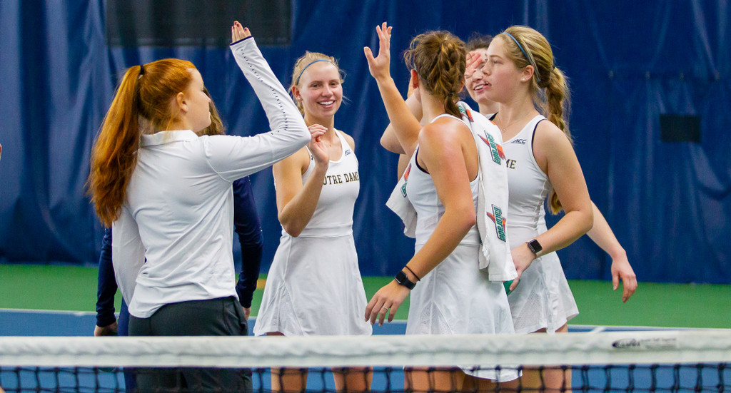 The Notre Dame women's tennis team during the ACC match between University of Notre Dame vs. University of Louisville at Eck Center on March 8, 2019 in South Bend, Indiana.