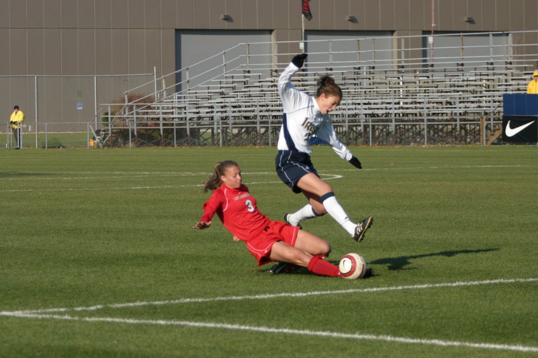 Kerri Hanks - shown breaking free for her second goal in the BIG EAST title-game win over Rutgers - ranks second in the nation with 50 points (18G-14A) while joining teammate Michele Weissenhofer (14G-17A) as the nation's only players to each reach 14 goals and 14 assists this season (photo by Pete LaFleur).