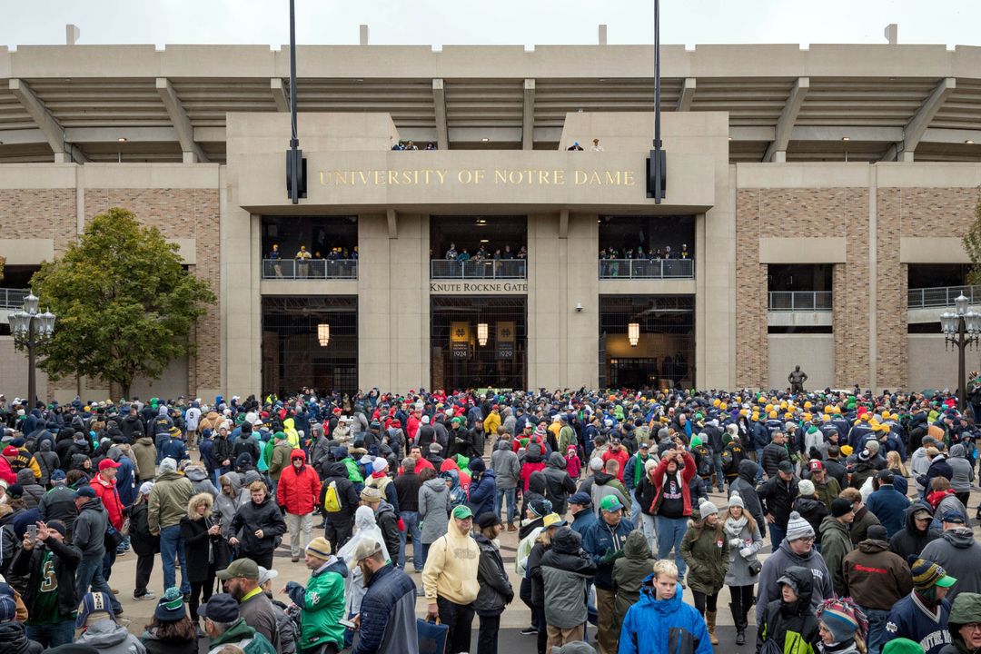 Oct 28, 2017; South Bend, IN, USA; Fans gather outside Notre Dame Stadium before the game between the Notre Dame Fighting Irish and the North Carolina State Wolfpack. Mandatory Credit: Matt Cashore-USA TODAY Sports