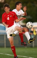 Notre Dame's Matt Besler (right) and Bret Vander Streek from Saint Francis fight for the ball during Monday's match. Besler and the Irish defense did not allow a goal in two exhibition games this preseason.