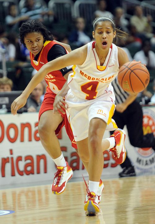 Notre Dame incoming freshman guard Skylar Diggins (seen here at the 2009 McDonald's High School All-America Game) will appear at Wednesday night's ESPY Awards in Los Angeles (to air Sunday at 9 p.m. ET on ESPN) after being selected as the 2008-09 Gatorade National High School Athlete of the Year, following in the footsteps of past award winners such as LeBron James (2003), Dwight Howard (2004) and Candace Parker (2004).
