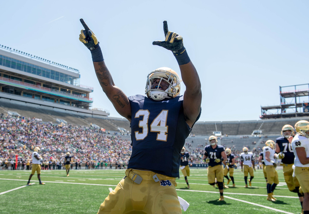 Sophmore running back Dexter Williams (34) celebrates after a touchdown in the first quarter of the 2016 Blue-Gold Game at Notre Dame Stadium. Credit: Matt Cashore-USA TODAY Sports