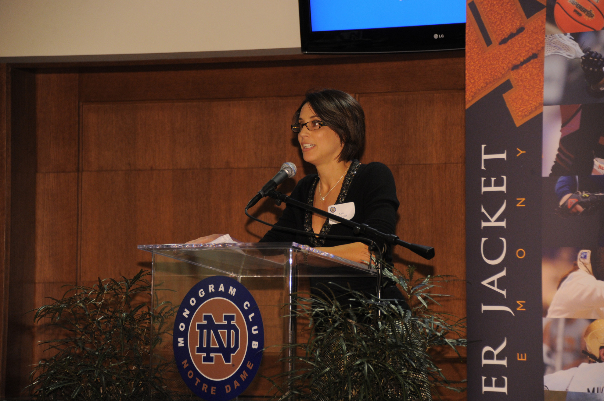 Monogram Club Holds 2011 Fall Letter Jacket Ceremony Two-time Olympic gold medalist Kate Sobrero Markgraf '98 (soccer) served as the evening's keynote speaker (photo by Mike Bennett).