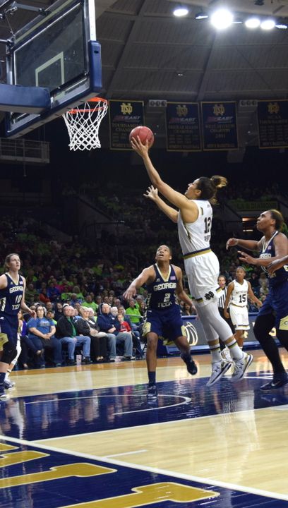Sophomore forward Taya Reimer delivered a strong performance in the post with 19 points and a game-high eight rebounds for #6/5 Notre Dame in Thursday's 89-76 win over Georgia Tech at Purcell Pavilion.