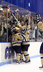Third-Ranked Irish Rally For A 2-2 Overtime Tie With Miami The Irish celebrate Kevin Deeth's third-period goal with 2:17 left that gave Notre Dame a 2-2 tie with Miami.