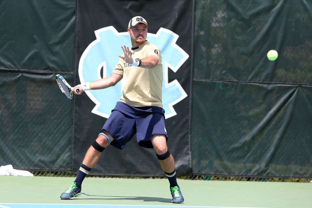 Senior Billy Pecor (pictured) and partner Alex Lawson knocked off No. 7 Ralf Steinbach and Kevin Metka in the first round of the NCAA Doubles Tournament, becoming the first Irish tandem to advance to the Round of 16 since 1998.