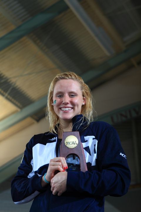 Junior Emma Reaney with her national championship trophy after winning the 200-yard breaststroke at the 2014 NCAA Championships.