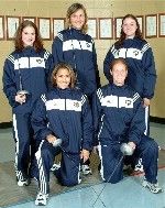 Notre Dame's seven returning All-Americans include five women's fencers: (kneeling, from left) senior foilist Andrea Ament, fifth-year epeeist Kerry Walton, (standing, from left) sophomore epeeist Amy Orlando, senior foilist Alicja Kryczalo and sophomore sabre Valerie Providenza (photo by Mike Bennett).