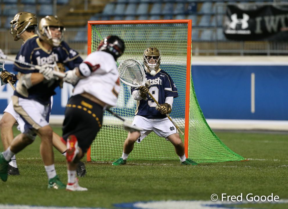 Conor Kelly made 12 saves in Notre Dame's 6-5 win over Maryland in the ACC semifinals.