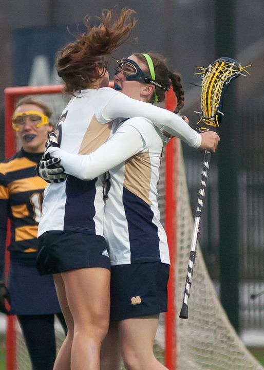 Rachel Sexton helps Caitlin Gargan celebrate one of her two goals against Marquette.