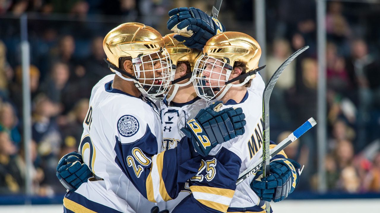 The Irish celebrate a goal and a 5-1 victory over UMass.