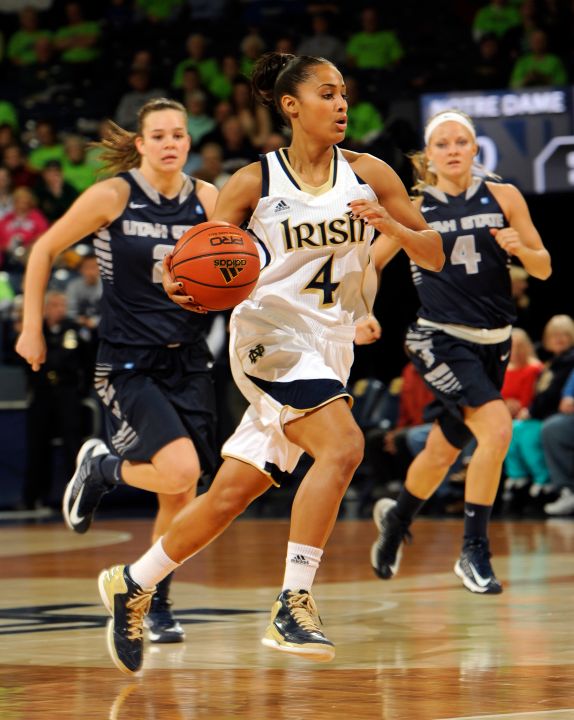 Senior All-America guard Skylar Diggins had 12 points and a season-high 10 assists for her first double-double of the season in Notre Dame's 109-70 win over Utah State Saturday afternoon at Purcell Pavilion.
