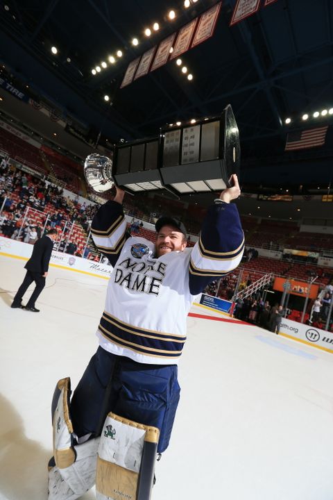 Senior goaltender Joe Rogers, shown with the 2012 Mason Cup, gives his perspective on Notre Dame's travels to new places in Hockey East this season.