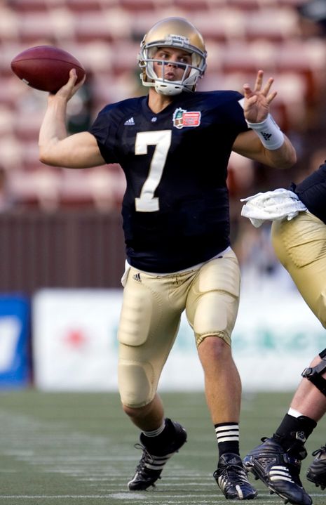 Junior quarterback Jimmy Clausen completed 21 of 34 passes for 237 yards and three touchdowns (two in the fourth quarter) as Notre Dame defeated San Diego State, 21-13 in last year's season opener at Notre Dame Stadium.