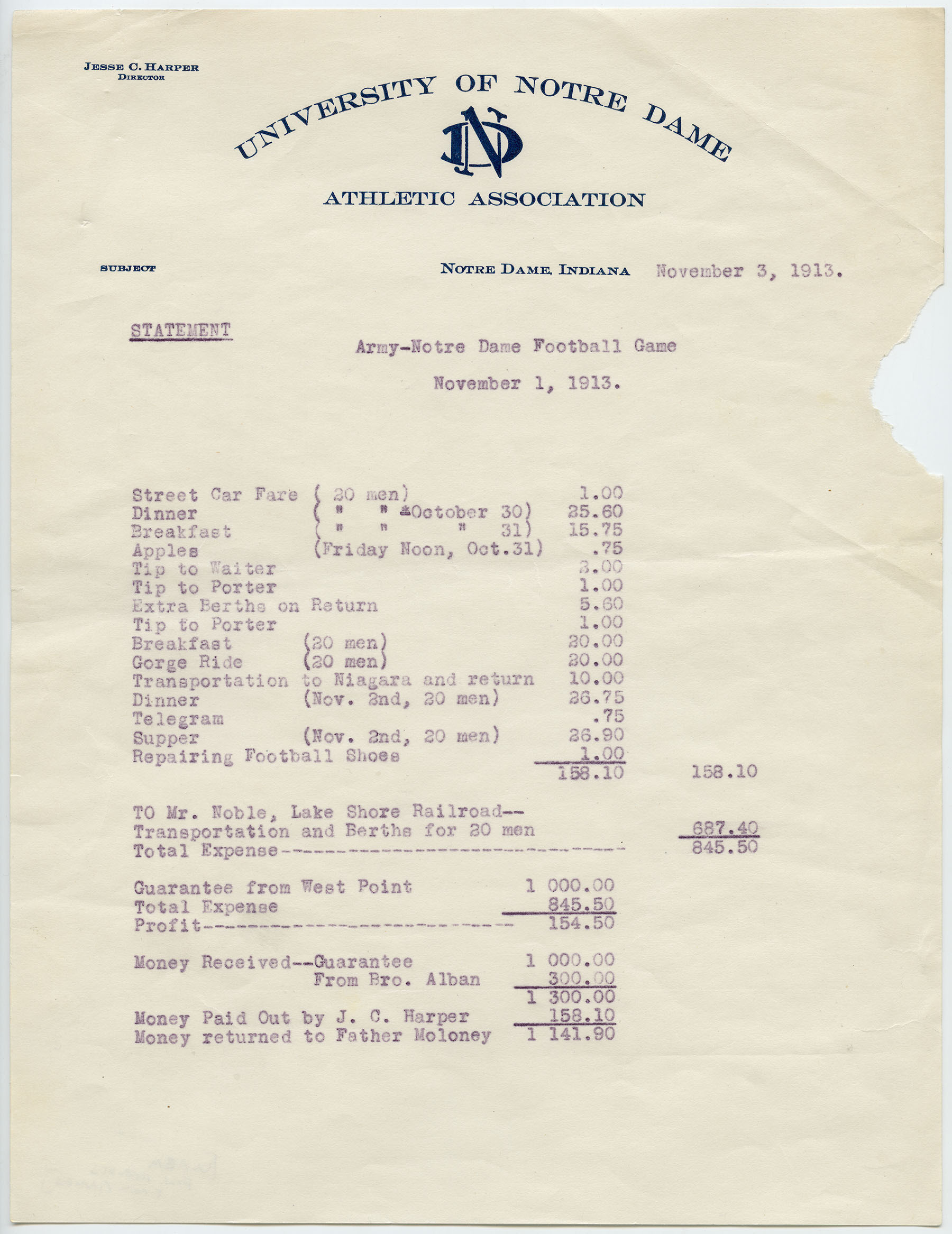 A Travel Party A detailed account of the profits and expenses for Notre Dame's trip to West Point, N.Y., against Army on Nov. 1, 1913.