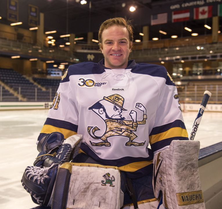 Joe Rogers models one of the jerseys that was available on line to fans for bidding to benefit Hockey Saves.  The auction raised almost $18,000 for the military group.