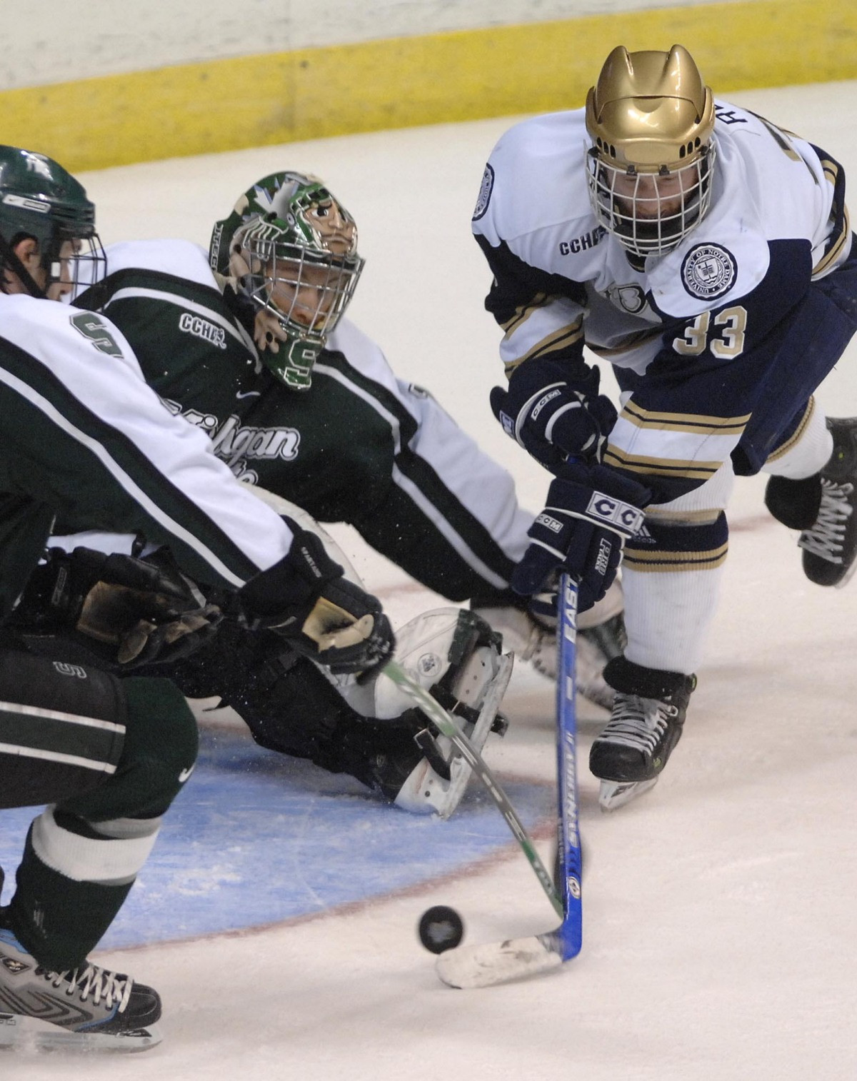Irish Season Comes To An End With 2-1 Loss To Michigan State in Midwest Regional Garrett Regan has his third-period scoring bid stopped by Michigan State's Jeff Lerg.