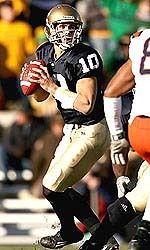 Heisman hopeful Brady Quinn has put up some staggering numbers in his Notre Dame career - he's attempted 1,438 passes and completed 833 for 0,569 yards and 79 touchdown passes. (photo by Matt Cashore)